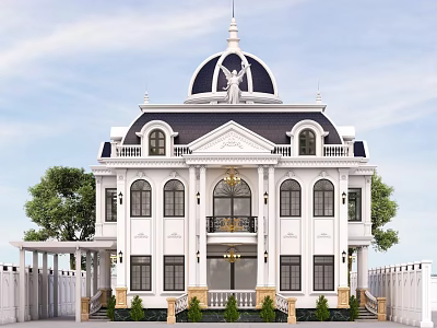 Elegant White Exterior Detached Villa With Black Roof Dome Statue And Balcony 3d model