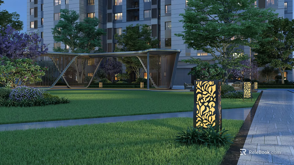 Garden Landscape with Modern High Rise Building Green Lawn Hollow Metal Structure and Floral Lights 3d model 