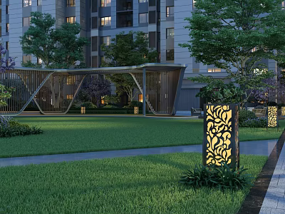 Garden Landscape with Modern High Rise Building Green Lawn Hollow Metal Structure and Floral Lights 3d model