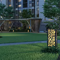 Garden Landscape with Modern High Rise Building Green Lawn Hollow Metal Structure and Floral Lights