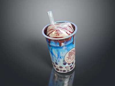 Refreshing Bubble Tea Cup With Boba Pearls Ice Cream And Chocolate Drizzle 3d model
