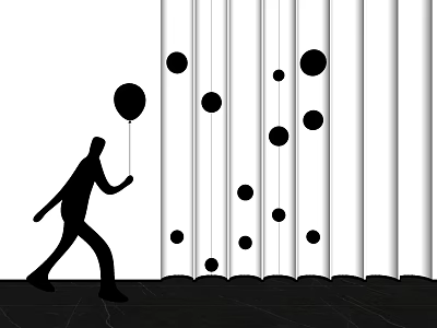 Black and White Silhouette Sculpture Figure Holding Balloon with Vertical Stripes 3d model