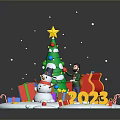 Modern Christmas Scene With Decorated Tree Colorful Gifts Red Sleigh Snowman And 2023