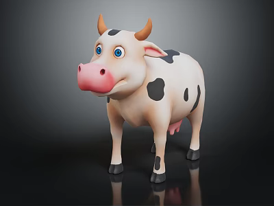 Cute Cartoon Cow Character With Brown Horns Black White Spots Pink Nose And Blue Eyes 3d model
