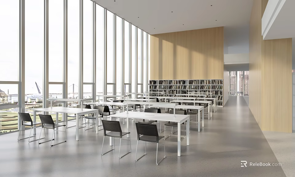 Stylish Book Art Library Interior Design With Wooden Bookshelves White Tables And Black Chairs 3d model 
