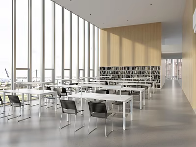 Stylish Book Art Library Interior Design With Wooden Bookshelves White Tables And Black Chairs 3d model