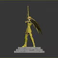 Golden Armored Figure With Wings Holding Bow On Stone Pedestal Saint Seiya