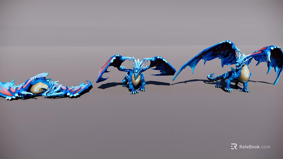 Blue Winged Flying Dragons In Multiple Poses With Detailed Scales And Feathers 3d model 