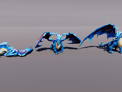 Blue Winged Flying Dragons In Multiple Poses With Detailed Scales And Feathers 3d model