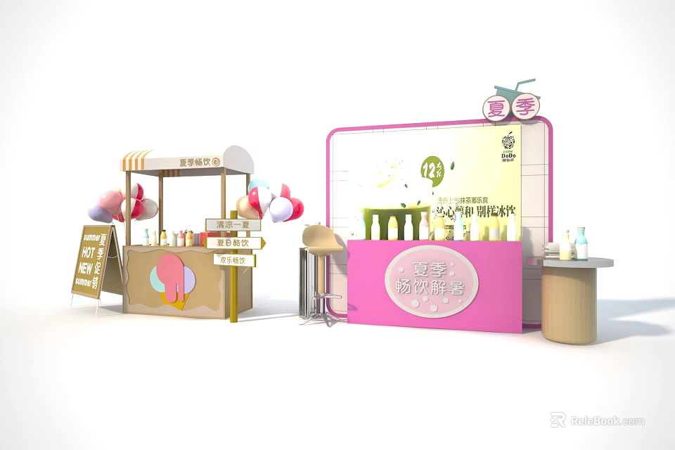 Pink Mixue Bingcheng Ice Cream Stand With Menu Board And Ice Cream Models 3d model 