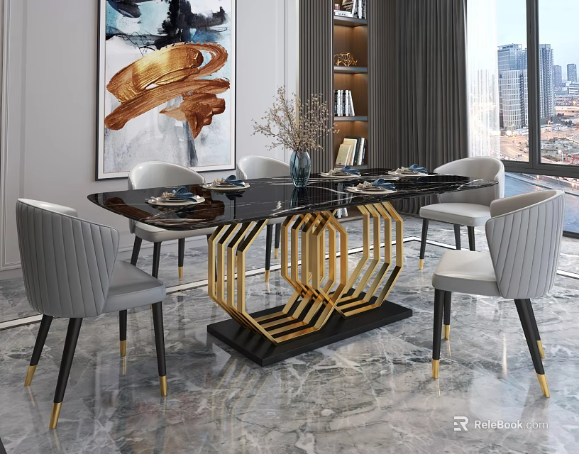 Elegant Restaurant Interior Design With Black Dining Table Gold Accents Gray Chairs And City View 3d model 