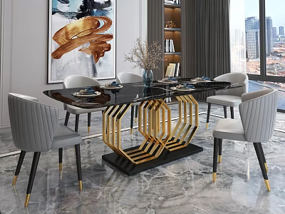 Elegant Restaurant Interior Design With Black Dining Table Gold Accents Gray Chairs And City View 3d model