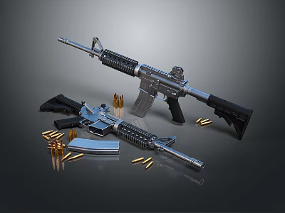 Black Metal Tactical Rifle With Disassembled Parts And Scattered Ammunition Bullets 3d model