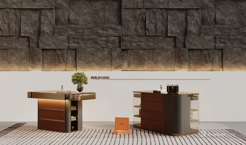 Modern Display Shelves with Glass Panels Green Plant and Orange Box on Striped Carpet 3d model 