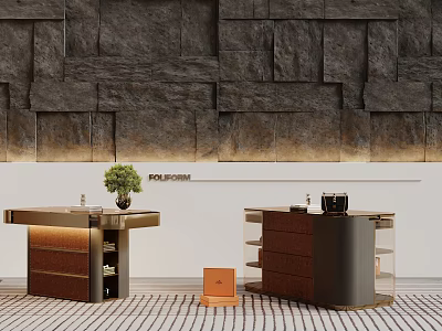 Modern Display Shelves with Glass Panels Green Plant and Orange Box on Striped Carpet 3d model