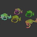 Five Green Spotted Frogs in Various Poses on Black Background with Reflections 3d model