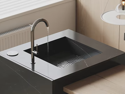 Modern Bathroom Vanity With Black Marble Countertop Silver Faucet Undermount Sink And Running Water 3d model