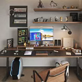 Modern Home Office Desk Setup With Computer Monitor Bookshelf Task Lamp and Decorative Items