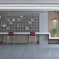 School Entrance Hall Modern Design Glass Doors Circular Decor Green Plants Bar Counter Red Chairs