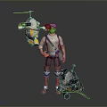 Adventurer Character With Goggles Backpack Gray Outfit Flying Yellow Green Creature And Wheeled Mechanical Creature