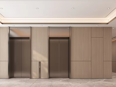 Modern Elevator Lobby Interior Design With Wooden Panels Marble Flooring And Recessed Lights 3d model