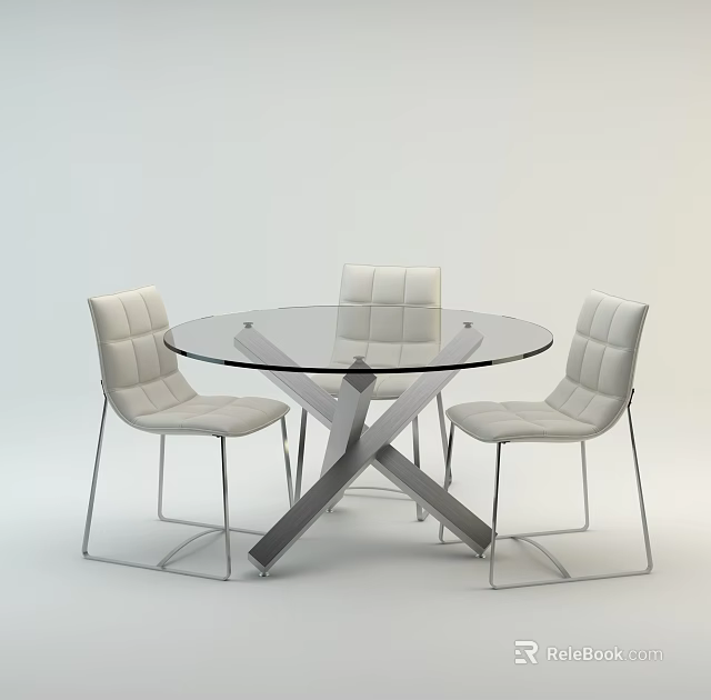 Modern Round Glass Top Table with Four White Quilted Chairs and Metal Frame 3d model 