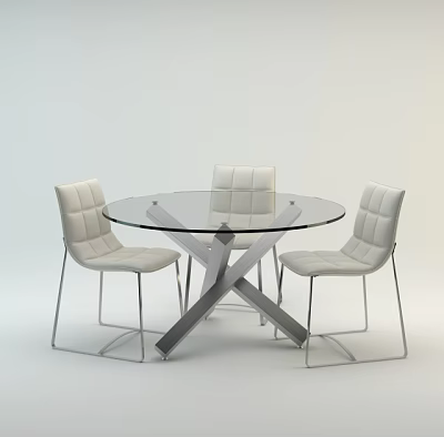Modern Round Glass Top Table with Four White Quilted Chairs and Metal Frame 3d model