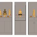 Buddhist Shrine Cabinet with Gray Finish Golden Buddha Statues and Storage Doors