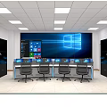 Modern Monitoring Room Interior With Large Screen Multiple Monitors Control Desks And NetView Cabinets