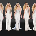 Five women wearing white long dresses with similar curly hairstyles standing at fashion show