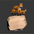 Geometric Fox Figurines Parent and Baby Standing on Pink Polygonal Stone