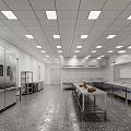 Commercial Restaurant Kitchen Interior With Stainless Steel Worktables Tiled Walls And Ceiling Lights