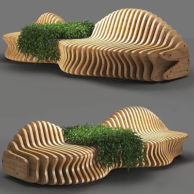 Garden Ornament Wooden Bench With Wavy Striped Design Adorned With Lush Green Plants 3d model