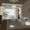 Elegant Living Room Interior With Cream Sofa Polka Dot Rug Ornate Chandelier And Arched Window
