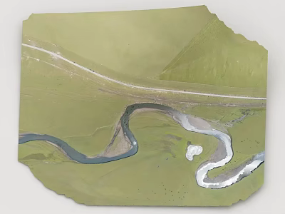 Green Meadow With Winding River And White Road Through Natural Landscape 3d model