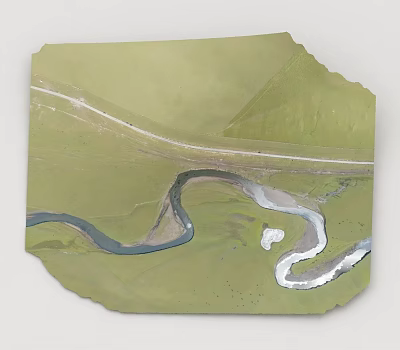 Green Meadow With Winding River And White Road Through Natural Landscape 3d model