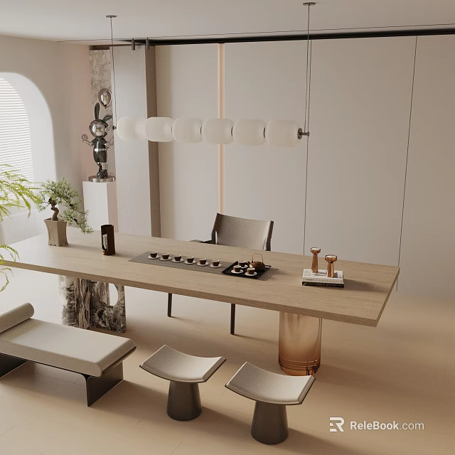 Modern Tea Room Interior Design With Wooden Table Comfortable Chairs Tea Sets And Pendant Lights 3d model 