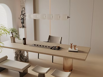 Modern Tea Room Interior Design With Wooden Table Comfortable Chairs Tea Sets And Pendant Lights 3d model