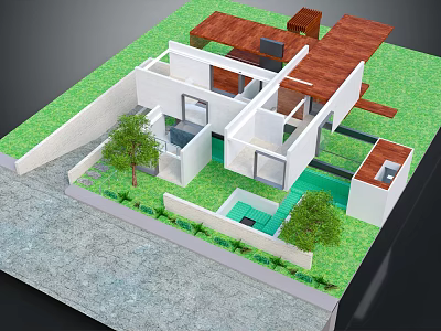 Cartoon Scene Featuring 3D House Model With Green Lawn Trees And White Open Architecture 3d model