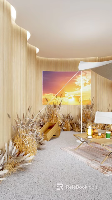 Modern Bright Public Office Space With Wooden Walls Sunset Tapestry And Wheat Plants 3d model 