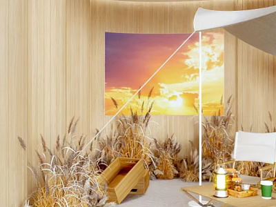 Modern Bright Public Office Space With Wooden Walls Sunset Tapestry And Wheat Plants 3d model