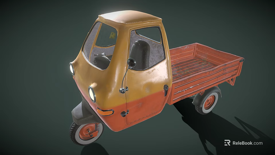 Yellow and Orange Tricycle Utility Vehicle with Cab and Cargo Bed 3d model 