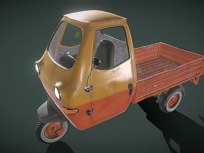 Yellow and Orange Tricycle Utility Vehicle with Cab and Cargo Bed 3d model