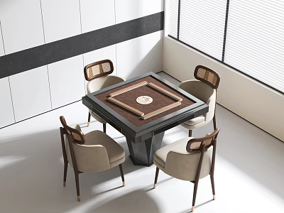 Square Entertainment Table With Round Inlay And Four Beige Wooden Chairs In Modern Bright Room 3d model