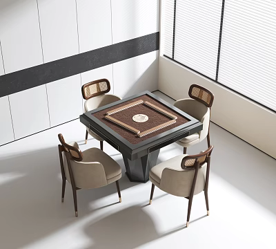 Square Entertainment Table With Round Inlay And Four Beige Wooden Chairs In Modern Bright Room 3d model