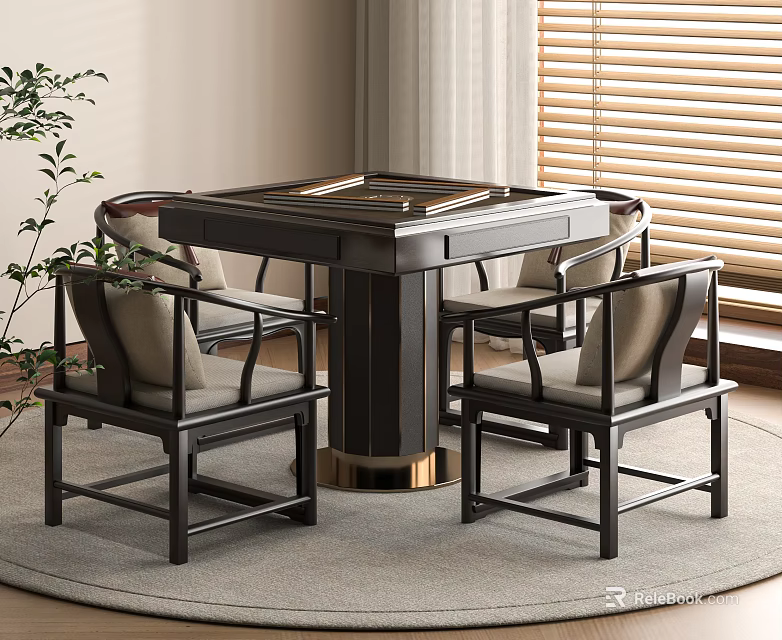 Chinese Style Table and Chair Set with Square Top Golden Base and Gray Cushioned Chairs 3d model 