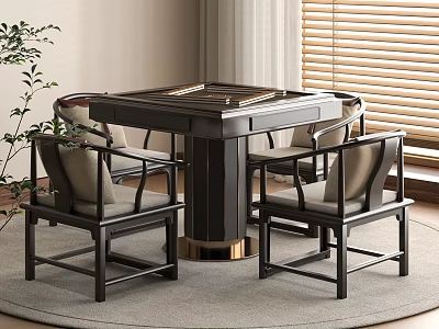 Chinese Style Table and Chair Set with Square Top Golden Base and Gray Cushioned Chairs 3d model