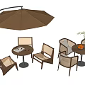 Outdoor Table And Chair Set With Brown Umbrella Round Table Rattan Chairs And Wooden Frames