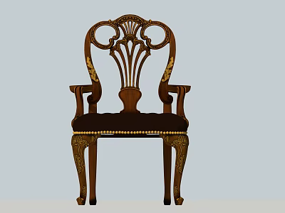 Classic Carved Wooden Dining Chair with Armrests and Button Tufted Upholstered Seat 3d model
