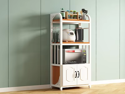 White Multi Tiered Kitchen Storage Shelf With Microwave And Appliances On Light Green Wall Background 3d model
